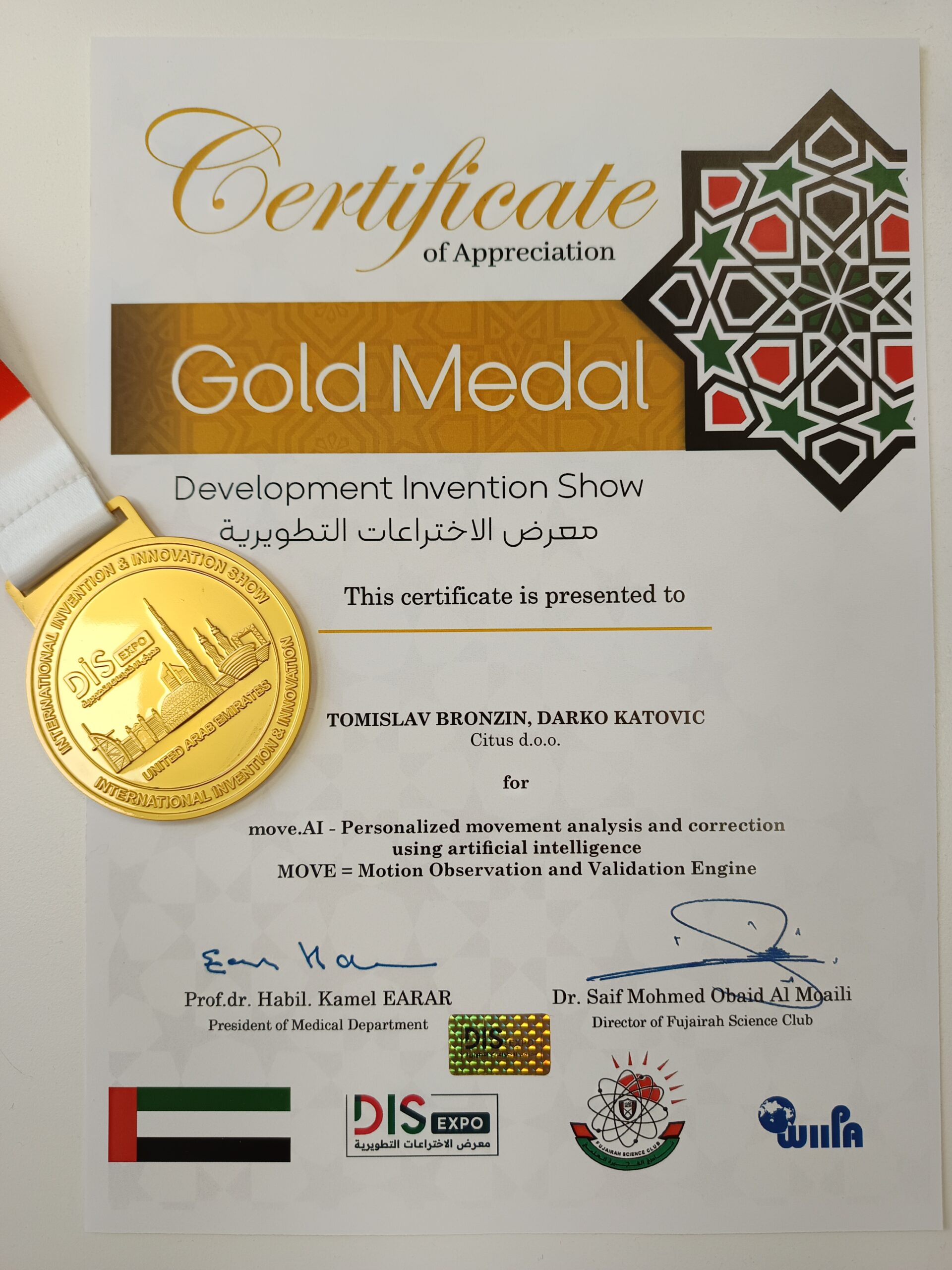 Gold Medal for innovation move.AI, DIS UAE, 2025