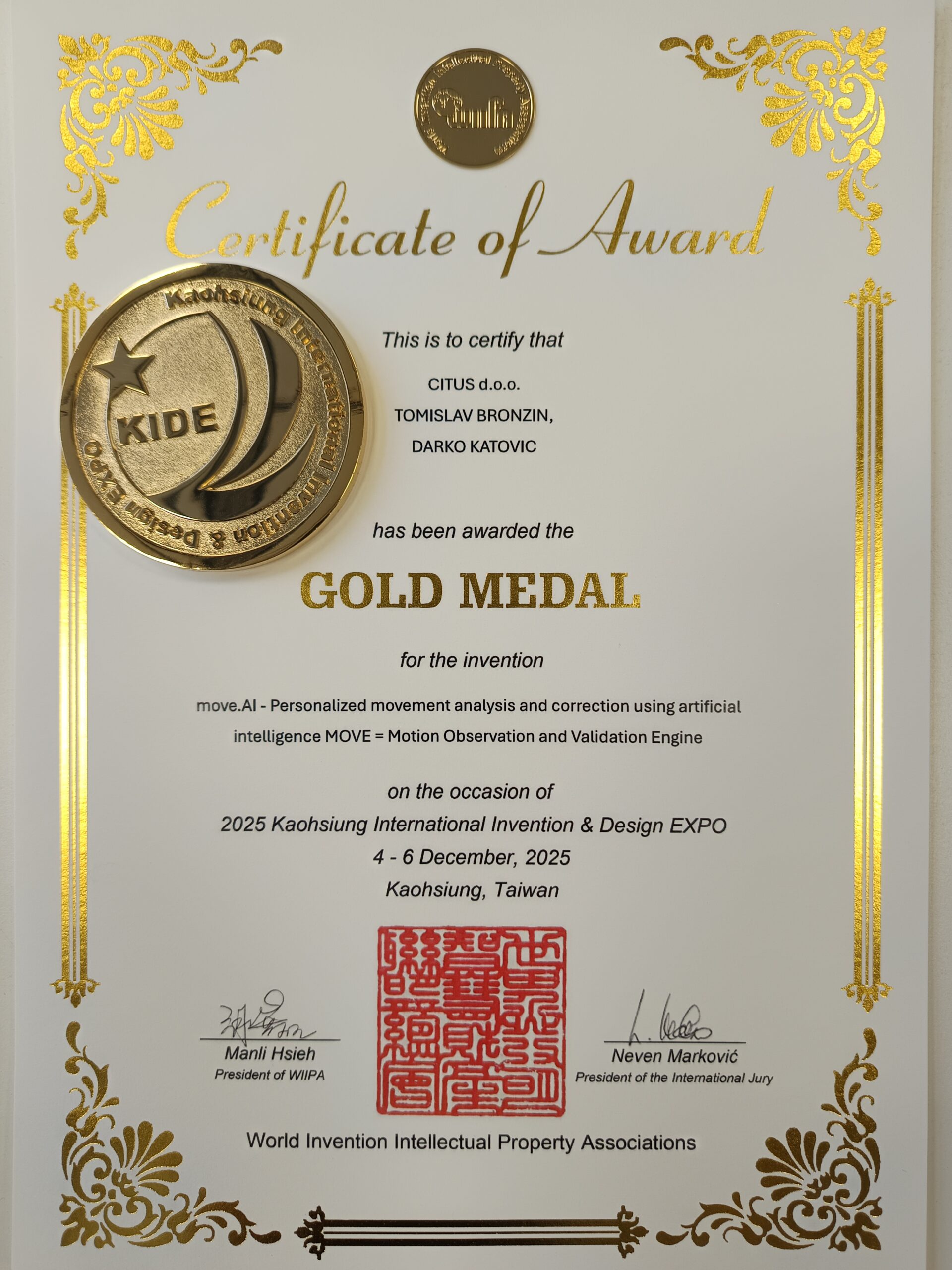 Gold Medal for innovation move.AI, KIDE Taiwan, 2025