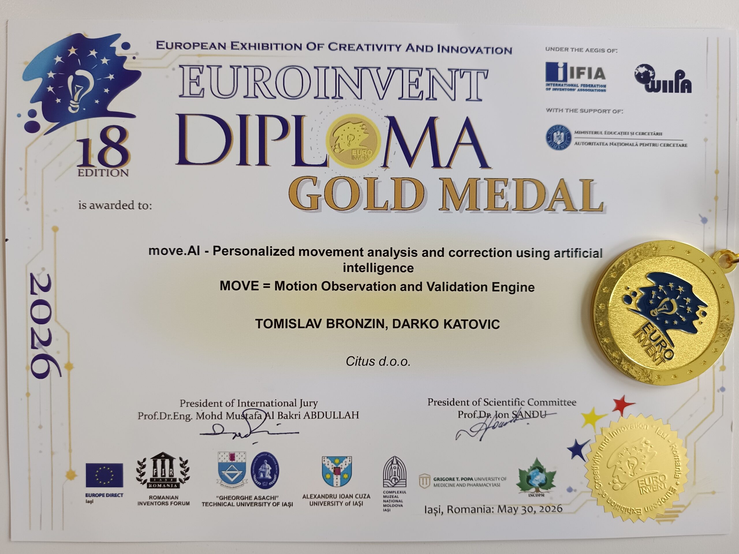 Gold Medal for innovation move.AI, EUROINVENT Romania, 2026